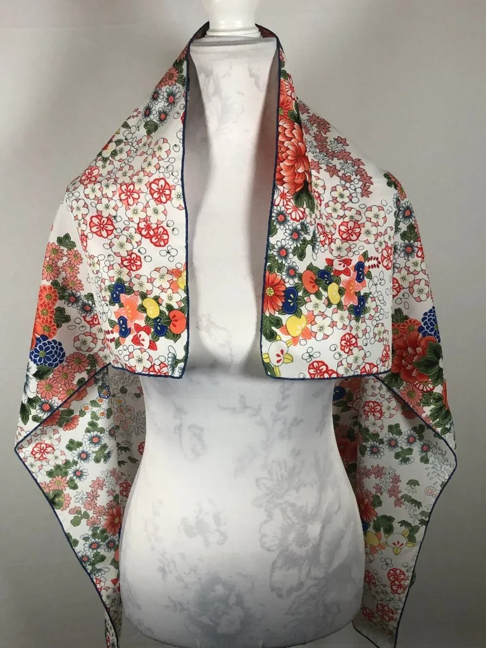 Japanese Inspired Floral Square Scarf Ivory Orange Blue Green 34